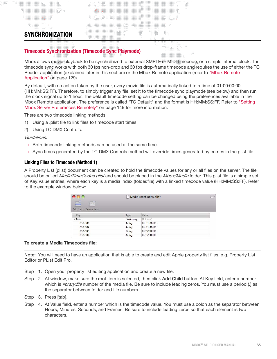 Synchronization, Timecode synchronization (timecode sync playmode), Linking files to timecode (method 1) | PRG Mbox Studio Manual 3.8 User Manual | Page 73 / 194
