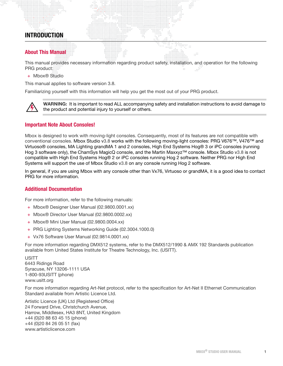 Introduction, About this manual, Important note about consoles | Additional documentation | PRG Mbox Studio Manual 3.8 User Manual | Page 9 / 194