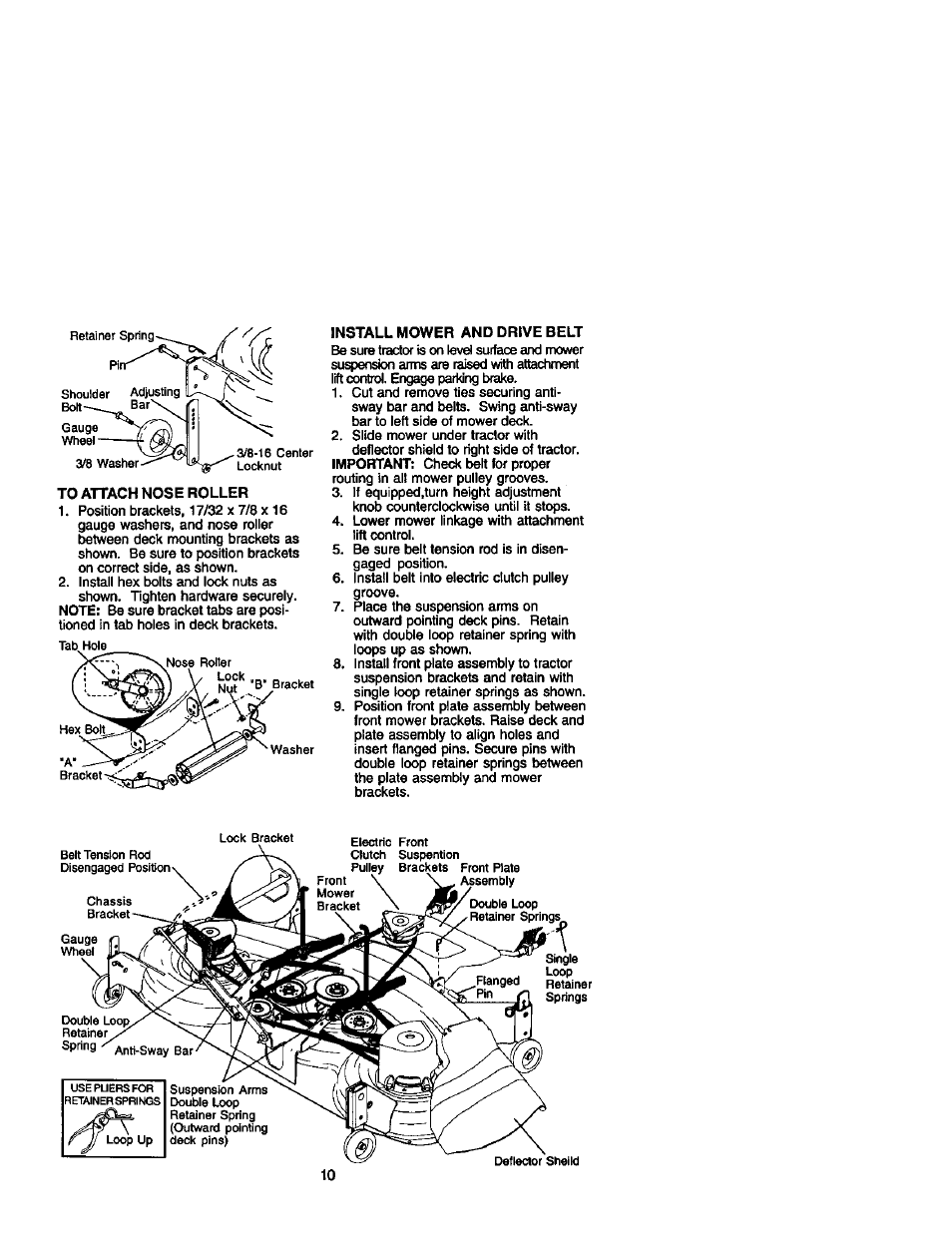 To attach nose roller, Install mower and drive belt | Craftsman 917.272233 User Manual | Page 10 / 60
