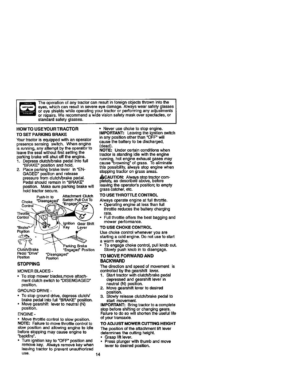 Howto useyourtractor to set parking brake, Stopping, To move forward and backward | Craftsman 917.272233 User Manual | Page 14 / 60
