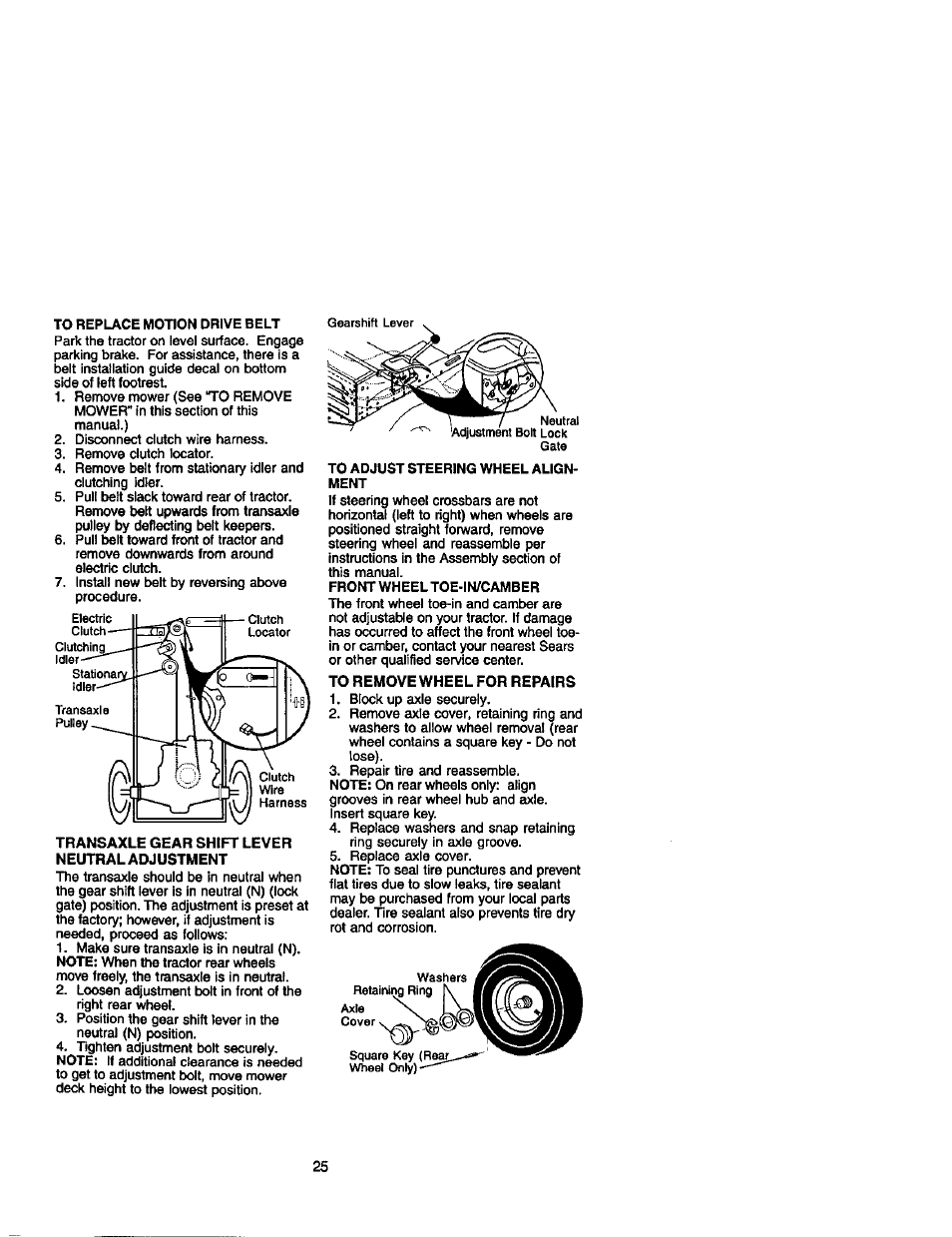 Transaxle gear shift lever neutraladjustment, To remove wheel for repairs | Craftsman 917.272233 User Manual | Page 25 / 60