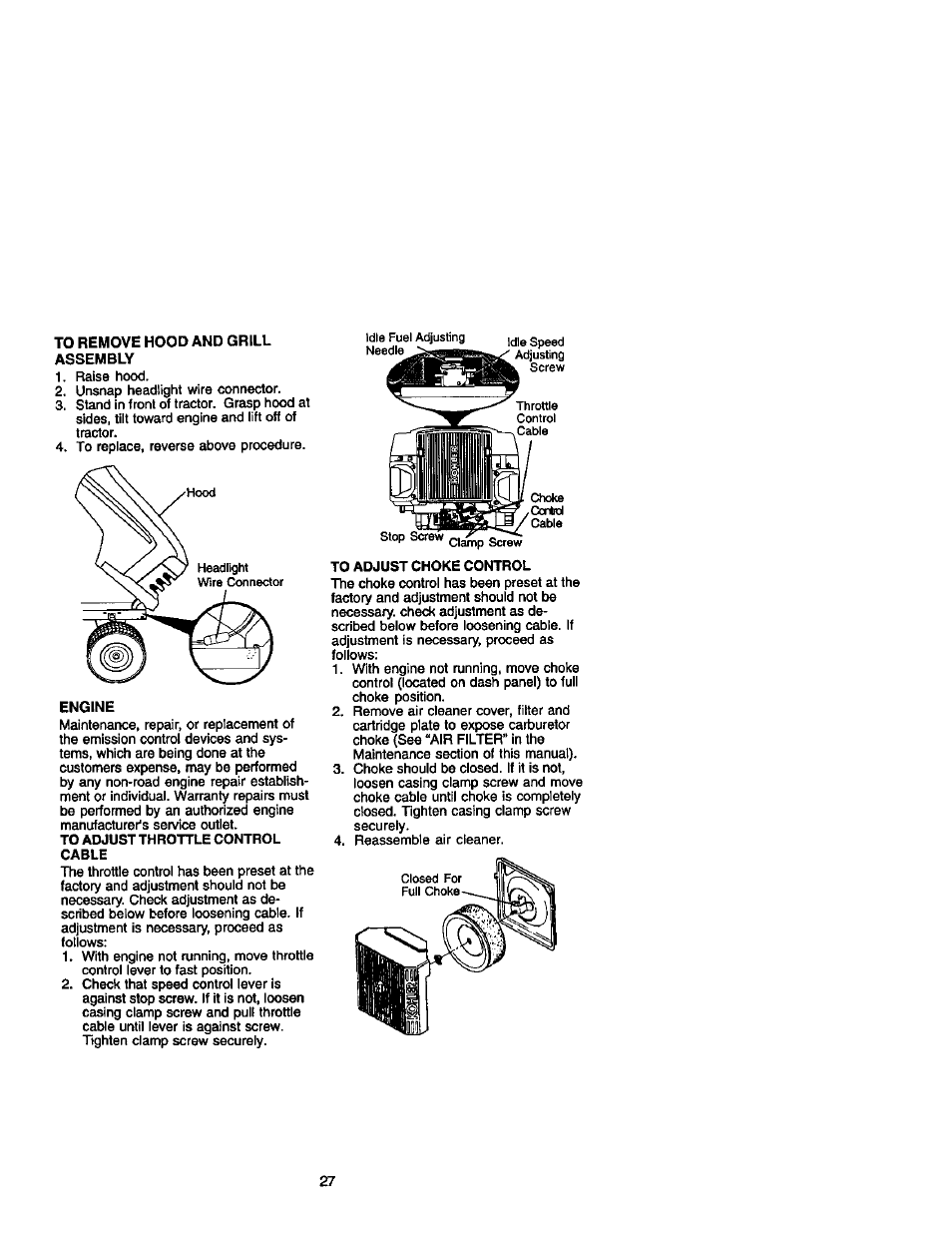 To remove hood and grill assembly, Engine | Craftsman 917.272233 User Manual | Page 27 / 60