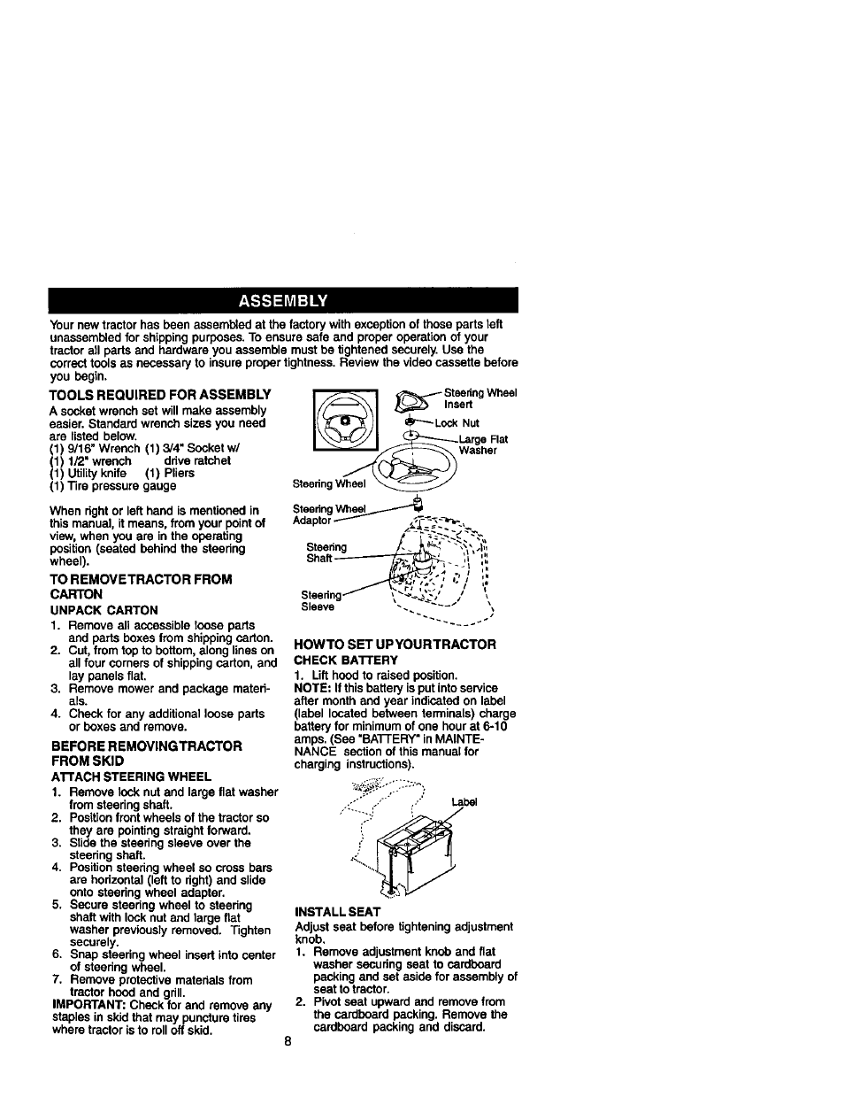 Tools required for assembly, To removetractor from carton, Before removingtractor from skid | Craftsman 917.272233 User Manual | Page 8 / 60