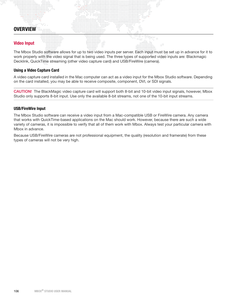 Overview, Video input, Using a video capture card | Usb/firewire input, Using a video capture card usb/firewire input | PRG Mbox Studio Manual v3.7 User Manual | Page 114 / 172