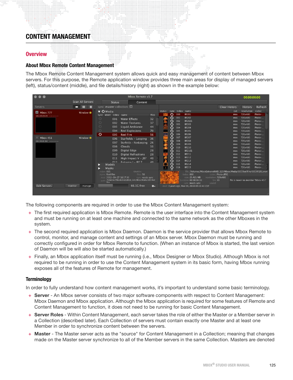 Content management, Overview, About mbox remote content management | Terminology, About mbox remote content management terminology | PRG Mbox Studio Manual v3.7 User Manual | Page 133 / 172