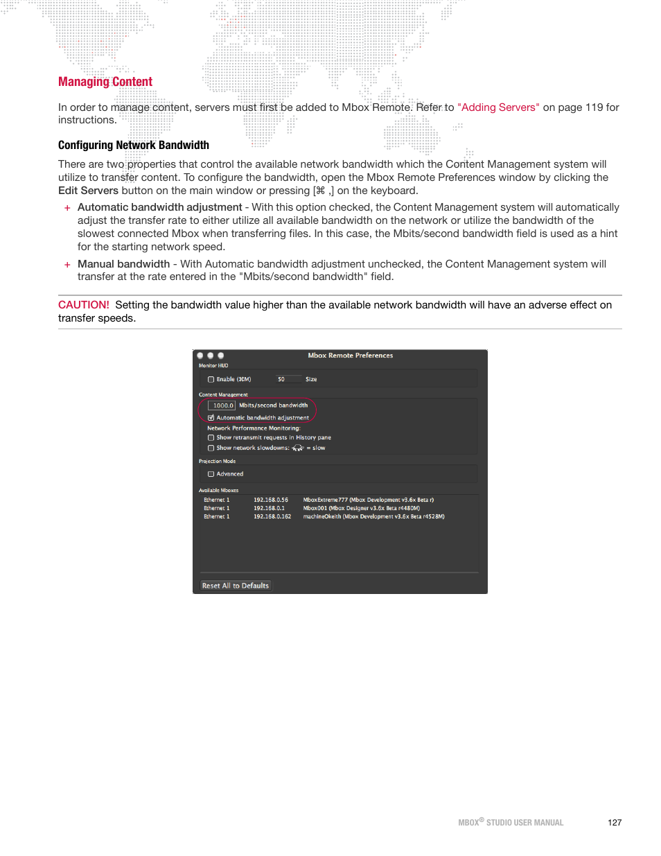 Managing content, Configuring network bandwidth, Configuring network | Bandwidth | PRG Mbox Studio Manual v3.7 User Manual | Page 135 / 172