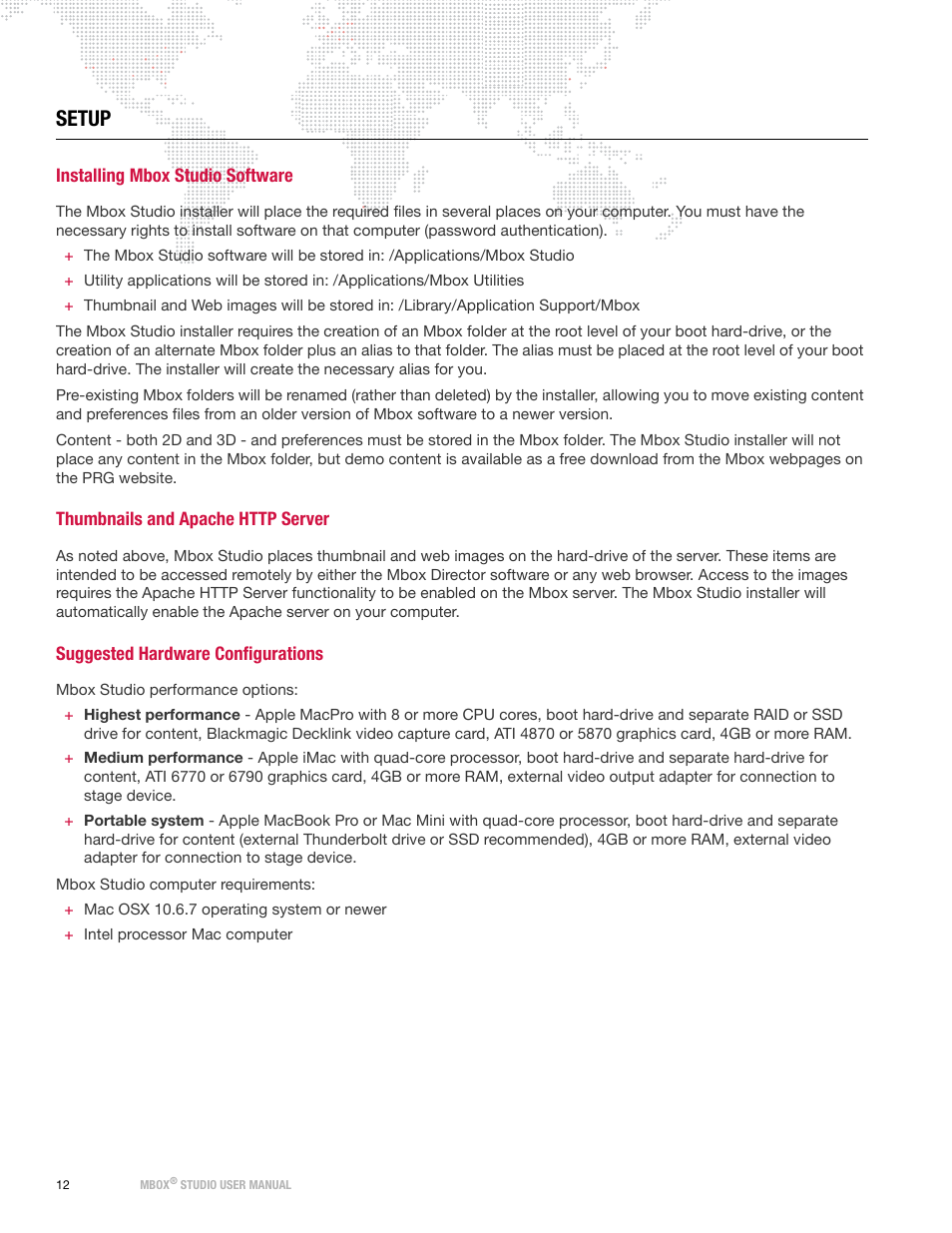 Setup, Installing mbox studio software, Thumbnails and apache http server | Suggested hardware configurations | PRG Mbox Studio Manual v3.7 User Manual | Page 20 / 172