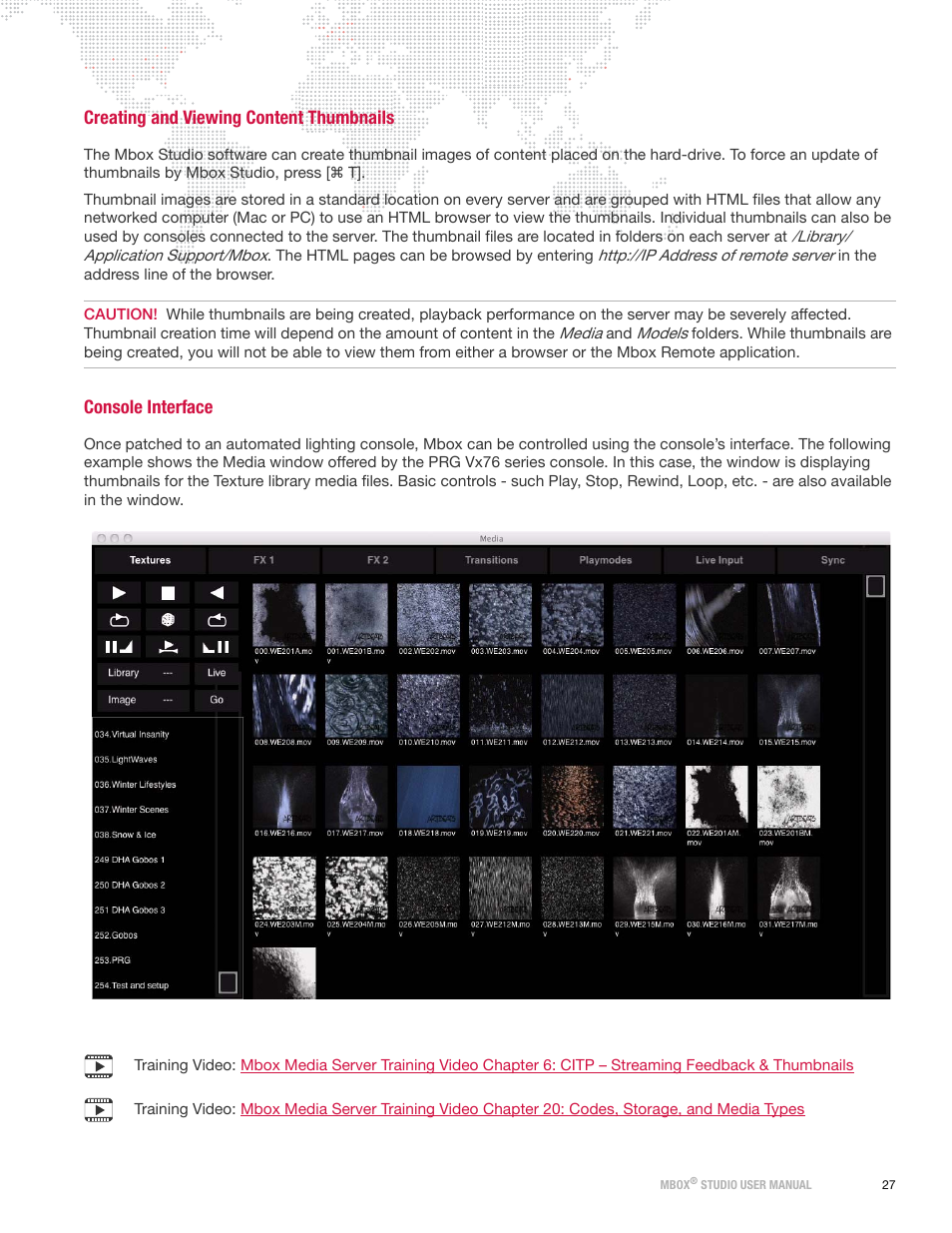 Creating and viewing content thumbnails, Console interface | PRG Mbox Studio Manual v3.7 User Manual | Page 35 / 172