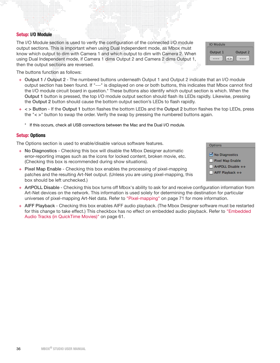Setup: i/o module, Setup: options, Setup: i/o module setup: options | PRG Mbox Studio Manual v3.7 User Manual | Page 44 / 172