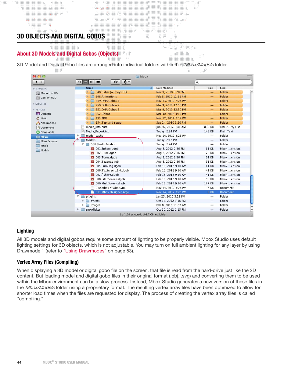 3d objects and digital gobos, About 3d models and digital gobos (objects), Lighting | Vertex array files (compiling), Lighting vertex array files (compiling) | PRG Mbox Studio Manual v3.7 User Manual | Page 52 / 172