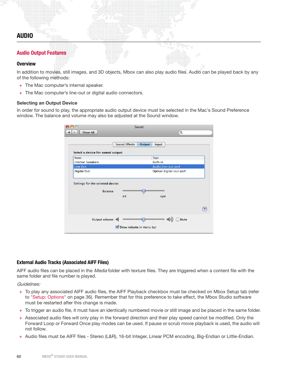 Audio, Audio output features, Overview | External audio tracks (associated aiff files) | PRG Mbox Studio Manual v3.7 User Manual | Page 68 / 172