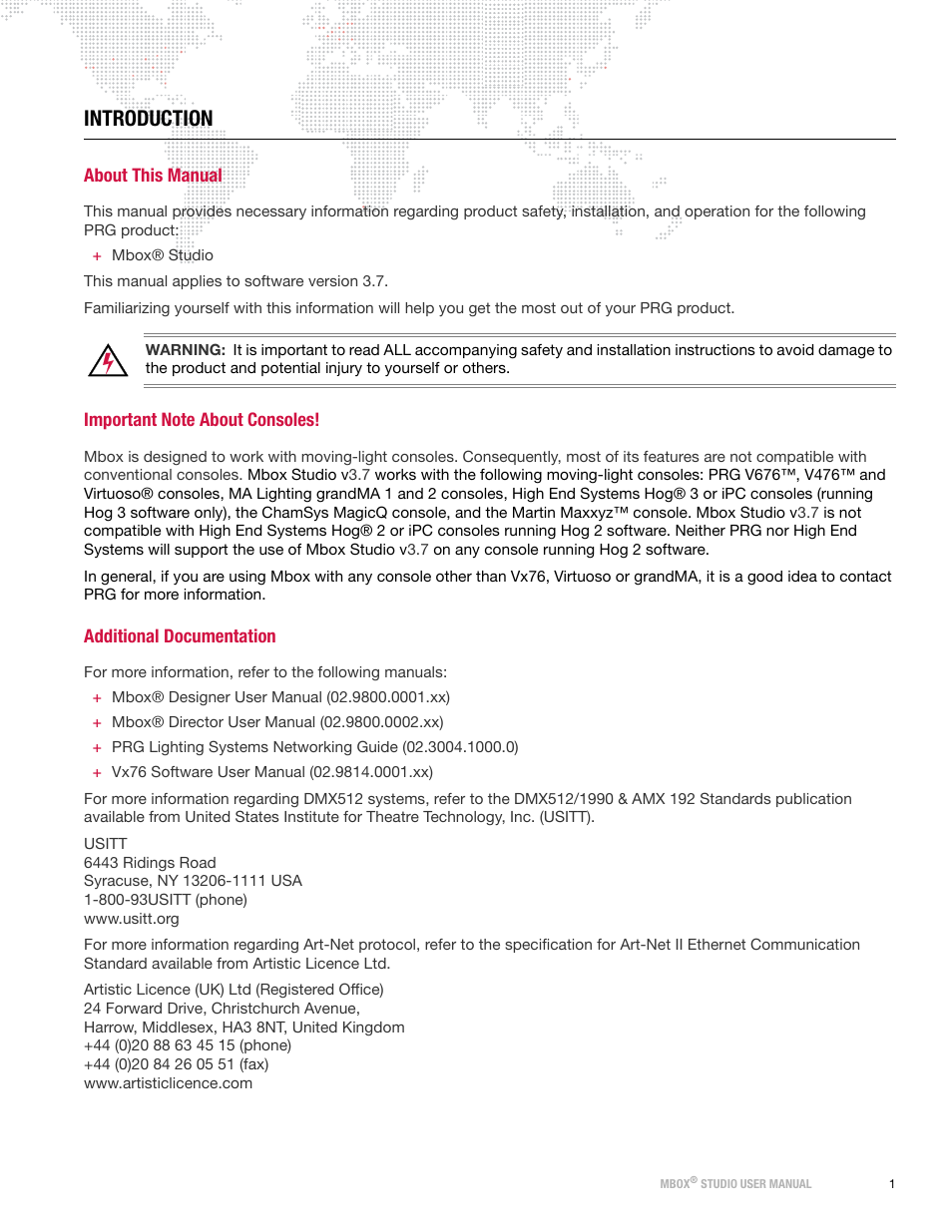 Introduction, About this manual, Important note about consoles | Additional documentation | PRG Mbox Studio Manual v3.7 User Manual | Page 9 / 172