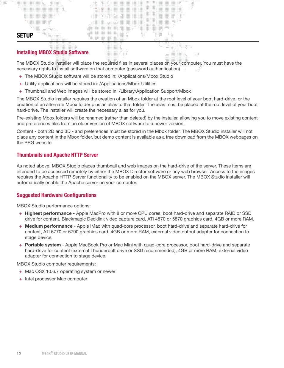 Setup, Installing mbox studio software, Thumbnails and apache http server | Suggested hardware configurations | PRG Mbox Studio Manual v3.6.1 User Manual | Page 18 / 118