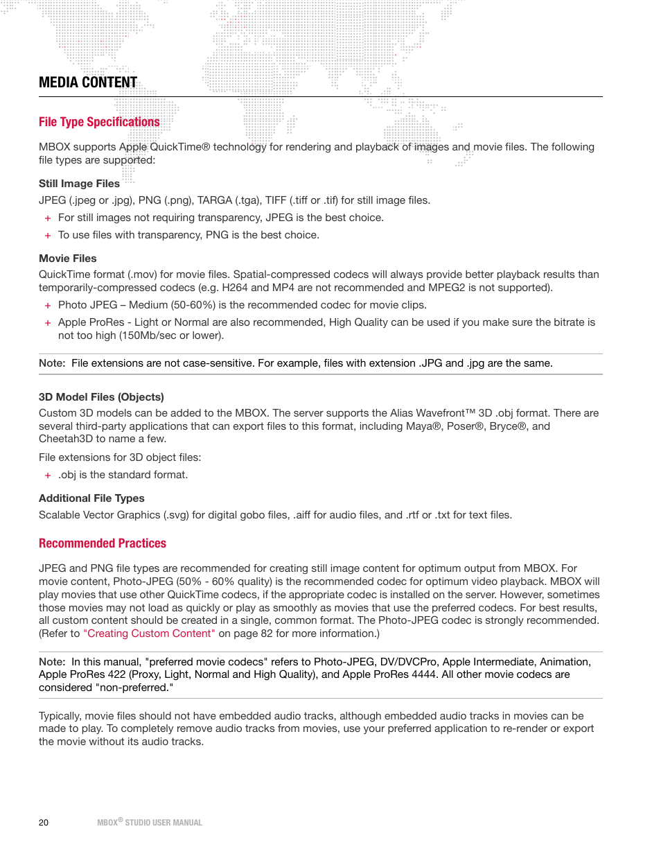 Media content, File type specifications, Recommended practices | File type specifications recommended practices | PRG Mbox Studio Manual v3.6.1 User Manual | Page 26 / 118