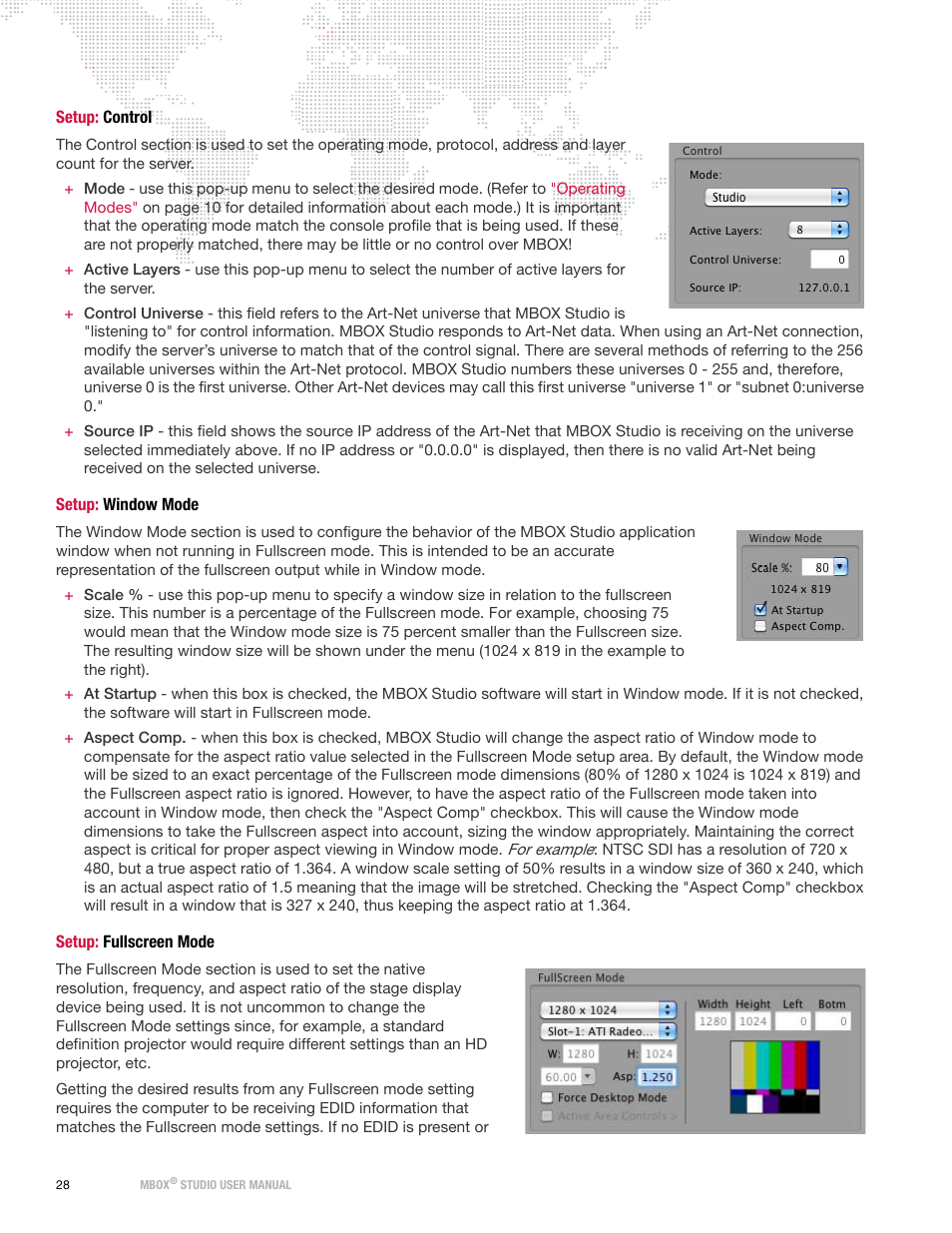 Setup: control, Setup: window mode, Setup: fullscreen mode | PRG Mbox Studio Manual v3.6.1 User Manual | Page 34 / 118