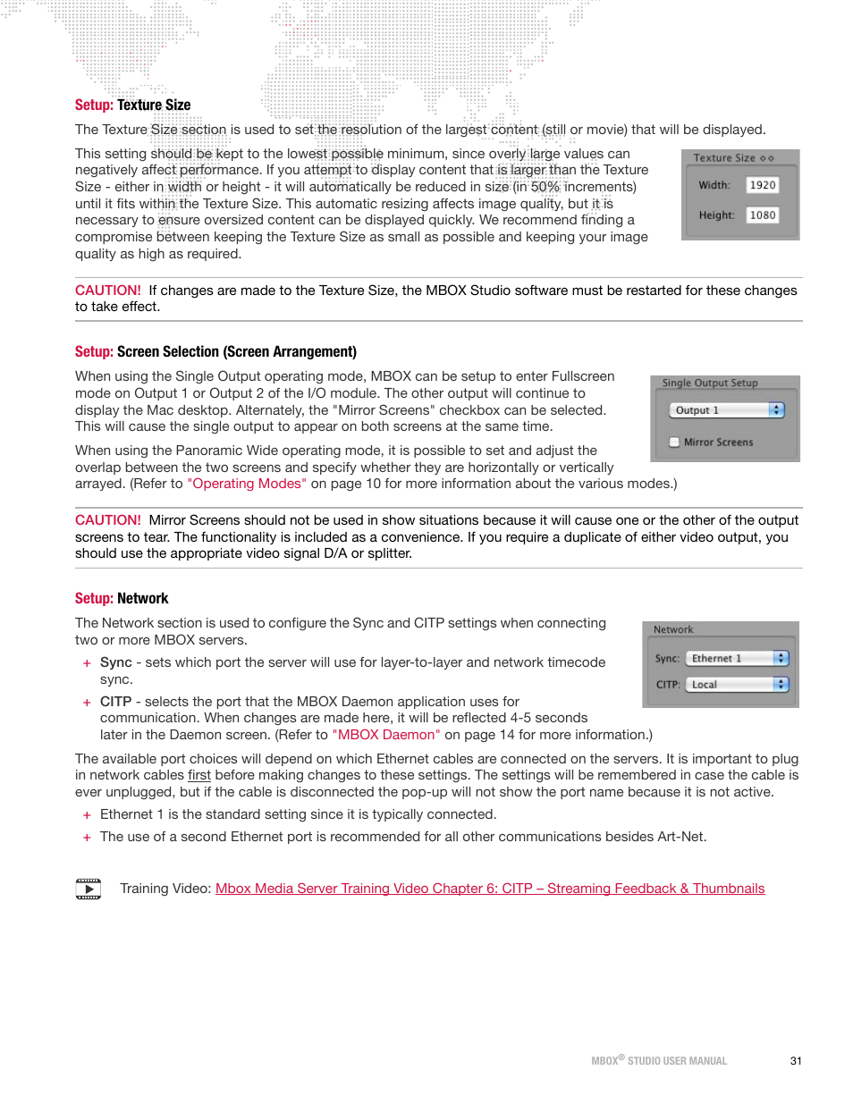 Setup: texture size, Setup: screen selection (screen arrangement), Setup: network | PRG Mbox Studio Manual v3.6.1 User Manual | Page 37 / 118