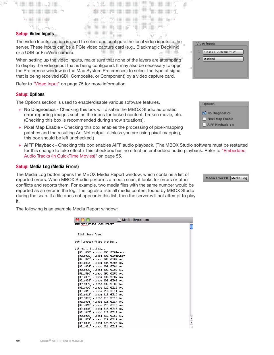 Setup: video inputs, Setup: options, Setup: media log (media errors) | PRG Mbox Studio Manual v3.6.1 User Manual | Page 38 / 118