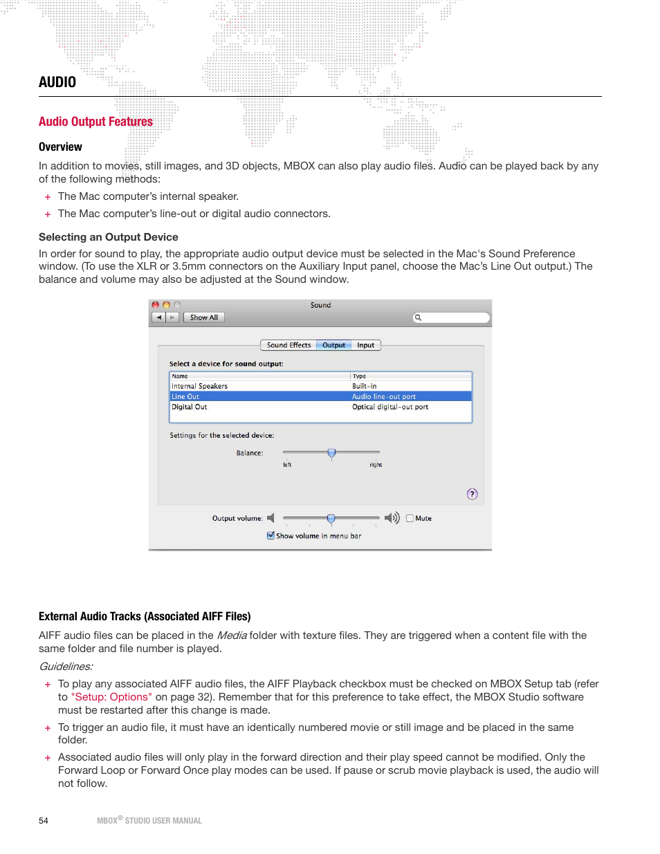 Audio, Audio output features, Overview | External audio tracks (associated aiff files) | PRG Mbox Studio Manual v3.6.1 User Manual | Page 60 / 118