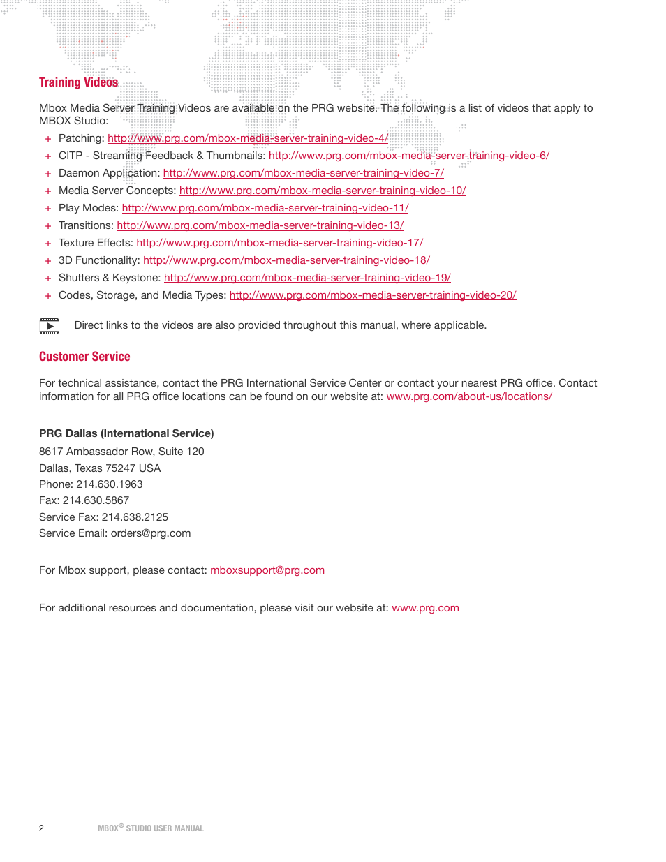 Training videos, Customer service, Training videos customer service | PRG Mbox Studio Manual v3.6.1 User Manual | Page 8 / 118