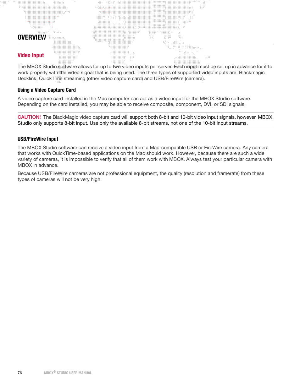 Overview, Video input, Using a video capture card | Usb/firewire input, Using a video capture card usb/firewire input | PRG Mbox Studio Manual v3.6.1 User Manual | Page 82 / 118