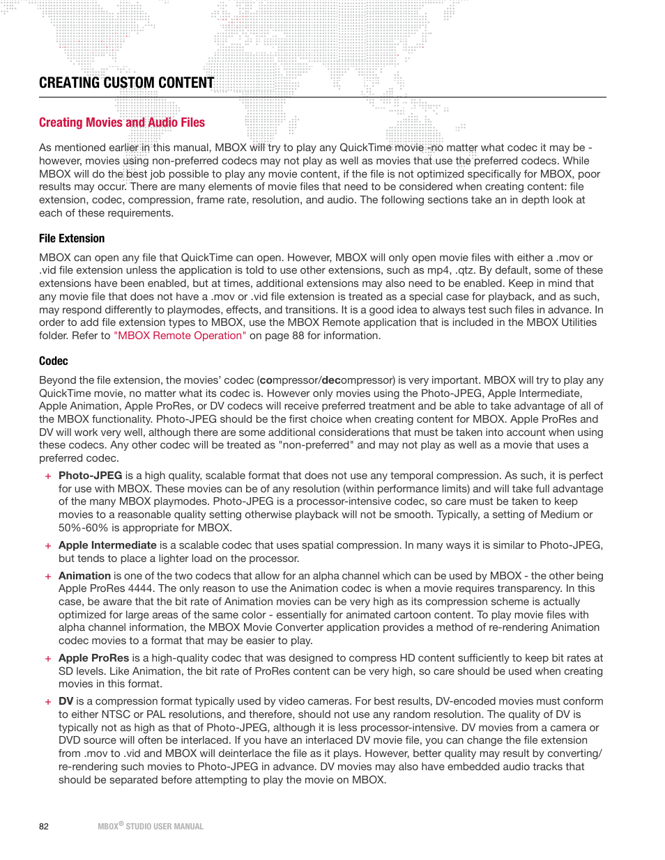 Creating custom content, Creating movies and audio files, File extension | Codec, File extension codec | PRG Mbox Studio Manual v3.6.1 User Manual | Page 88 / 118