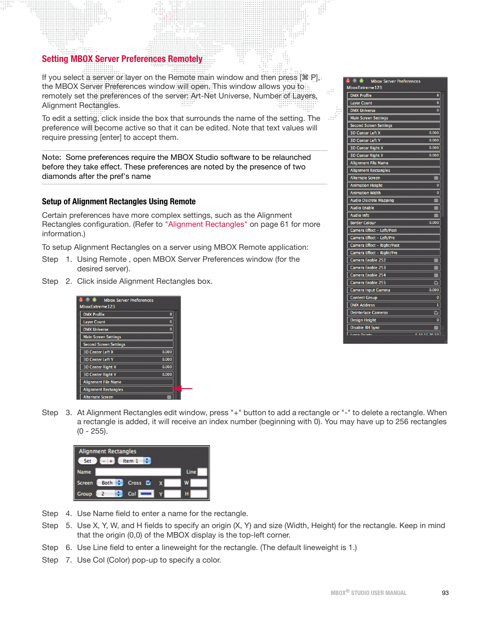 Setting mbox server preferences remotely, Setup of alignment rectangles using remote, Setting | Mbox server preferences remotely | PRG Mbox Studio Manual v3.6.1 User Manual | Page 99 / 118