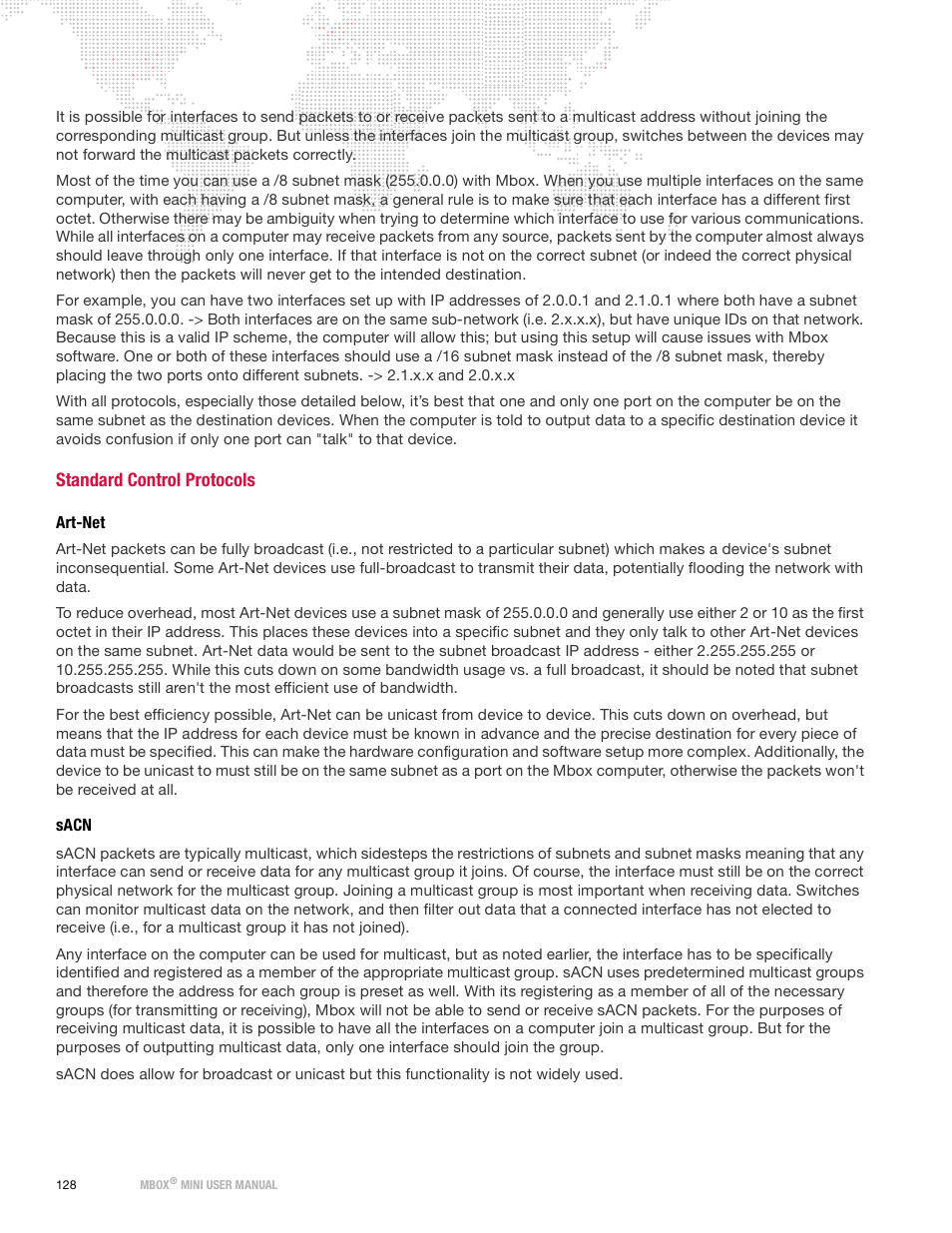 Standard control protocols, Art-net, Sacn | Art-net sacn | PRG Mbox Mini Manual 3.9 User Manual | Page 136 / 154