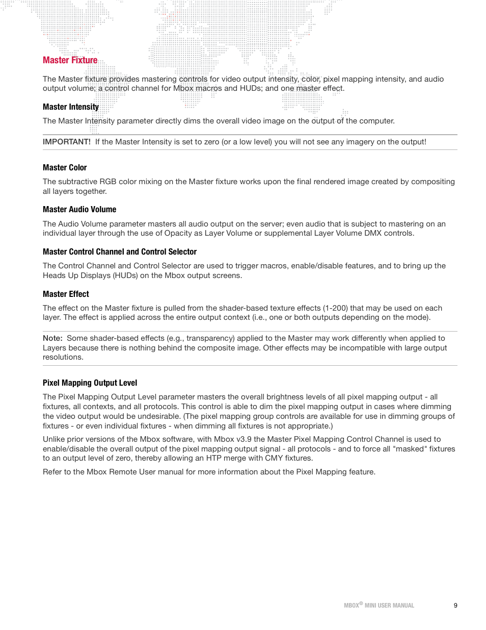 Master fixture, Master intensity, Master color | Master audio volume, Master control channel and control selector, Master effect, Pixel mapping output level | PRG Mbox Mini Manual 3.9 User Manual | Page 17 / 154