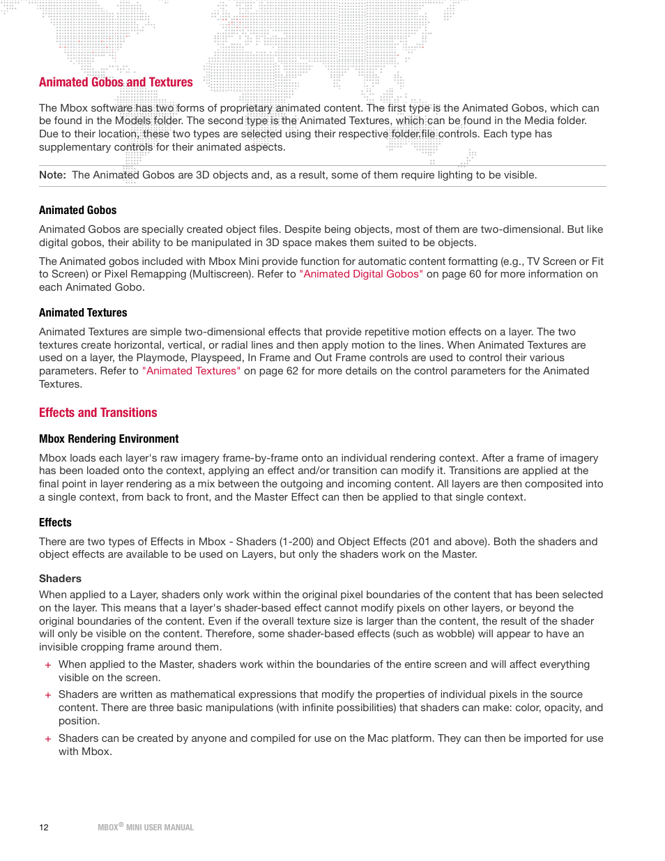 Animated gobos and textures, Animated gobos, Animated textures | Effects and transitions, Mbox rendering environment, Effects, Animated gobos animated textures, Mbox rendering environment effects | PRG Mbox Mini Manual 3.9 User Manual | Page 20 / 154