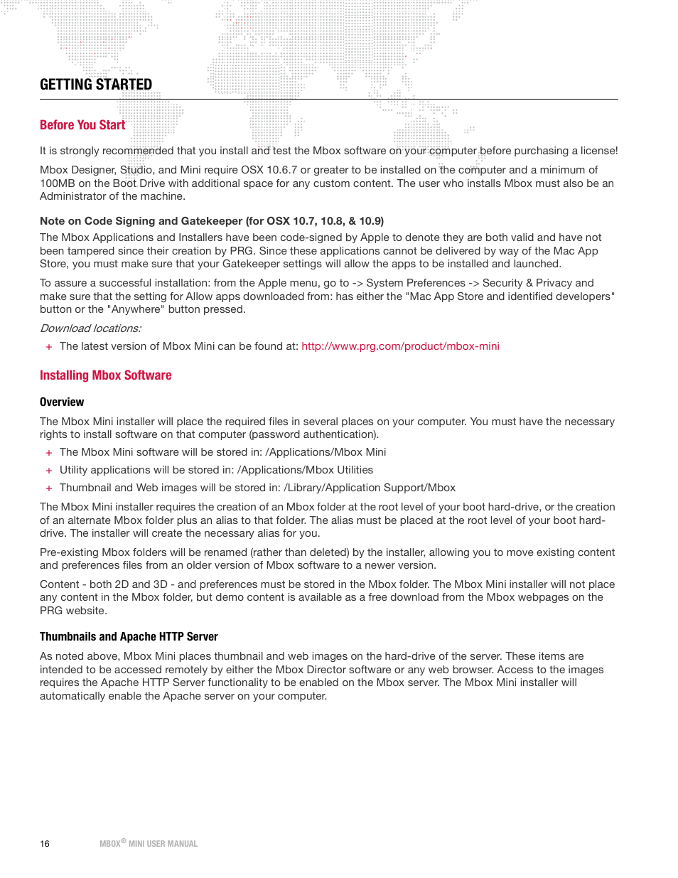 Getting started, Before you start, Installing mbox software | Overview, Thumbnails and apache http server, Before you start installing mbox software, Overview thumbnails and apache http server | PRG Mbox Mini Manual 3.9 User Manual | Page 24 / 154