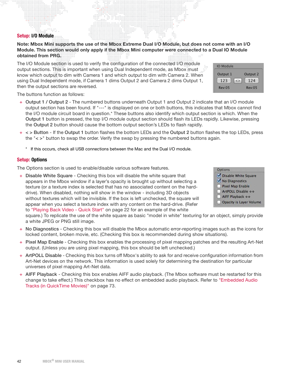 Setup: i/o module, Setup: options, Setup: i/o module setup: options | PRG Mbox Mini Manual 3.9 User Manual | Page 50 / 154