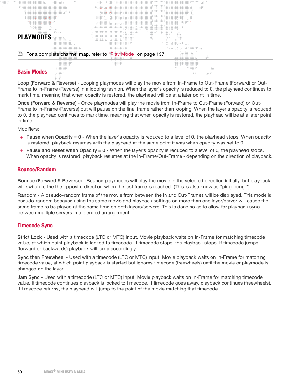 Playmodes, Basic modes, Bounce/random | Timecode sync, Basic modes bounce/random timecode sync | PRG Mbox Mini Manual 3.9 User Manual | Page 58 / 154