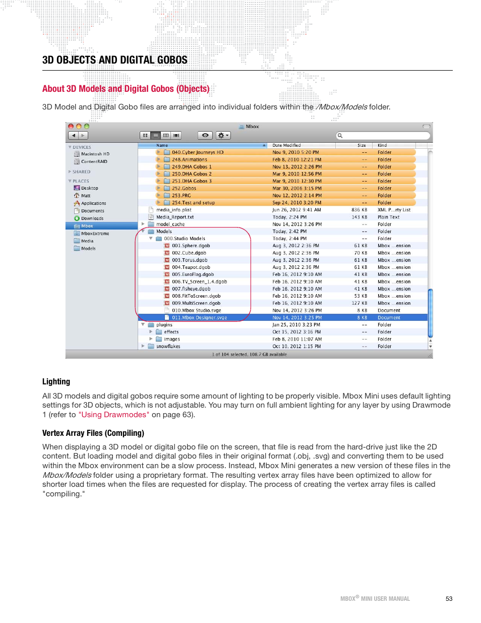 3d objects and digital gobos, About 3d models and digital gobos (objects), Lighting | Vertex array files (compiling), Lighting vertex array files (compiling) | PRG Mbox Mini Manual 3.9 User Manual | Page 61 / 154