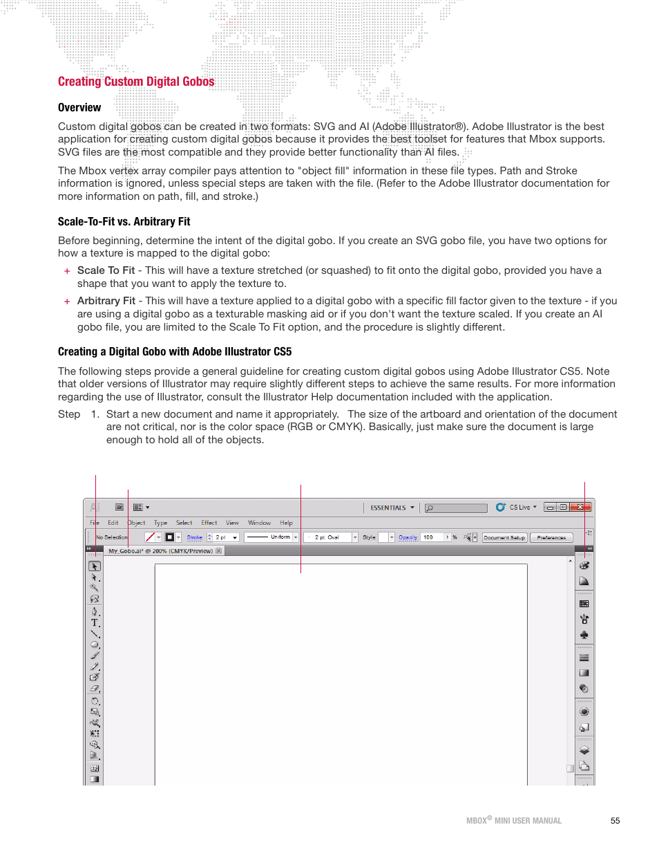 Creating custom digital gobos, Overview, Scale-to-fit vs. arbitrary fit | Creating a digital gobo with adobe illustrator cs5 | PRG Mbox Mini Manual 3.9 User Manual | Page 63 / 154