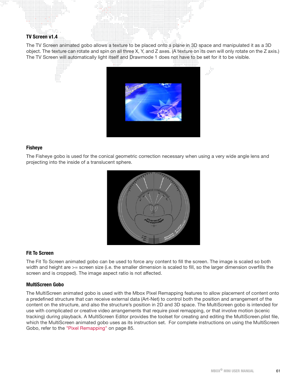 Tv screen v1.4, Fisheye, Fit to screen | Multiscreen gobo | PRG Mbox Mini Manual 3.9 User Manual | Page 69 / 154