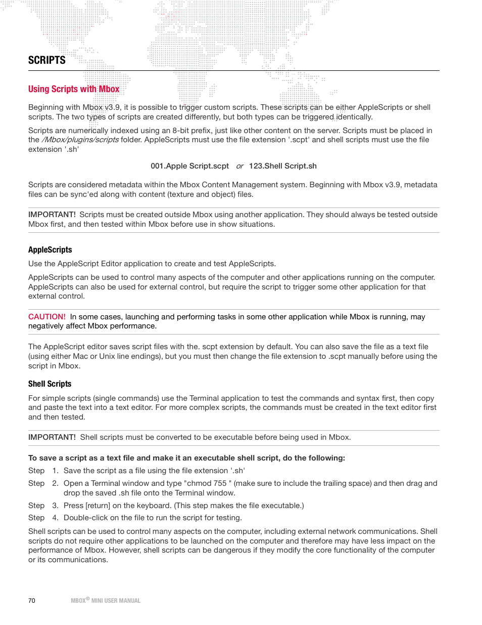 Scripts, Using scripts with mbox, Applescripts | Shell scripts, Applescripts shell scripts | PRG Mbox Mini Manual 3.9 User Manual | Page 78 / 154