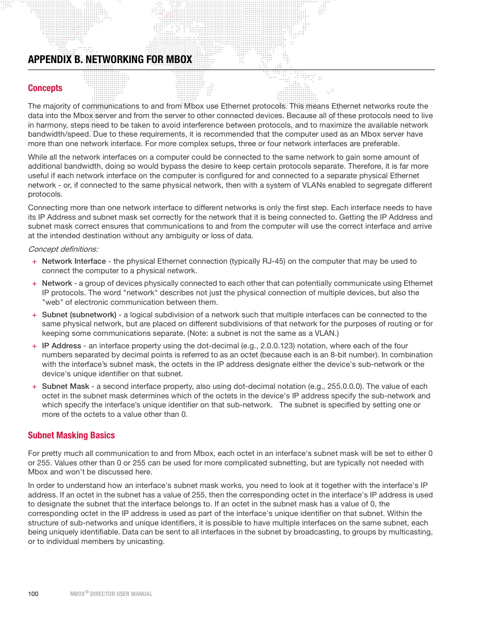 Appendix b. networking for mbox, Concepts, Subnet masking basics | Appendix b. networking for, Mbox, Appendix b, Networking for mbox, Appendix b. networking, For mbox | PRG Mbox Director User Manual v3.9 User Manual | Page 106 / 112