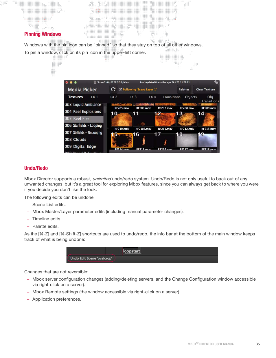 Pinning windows, Undo/redo | PRG Mbox Director User Manual v3.9 User Manual | Page 41 / 112