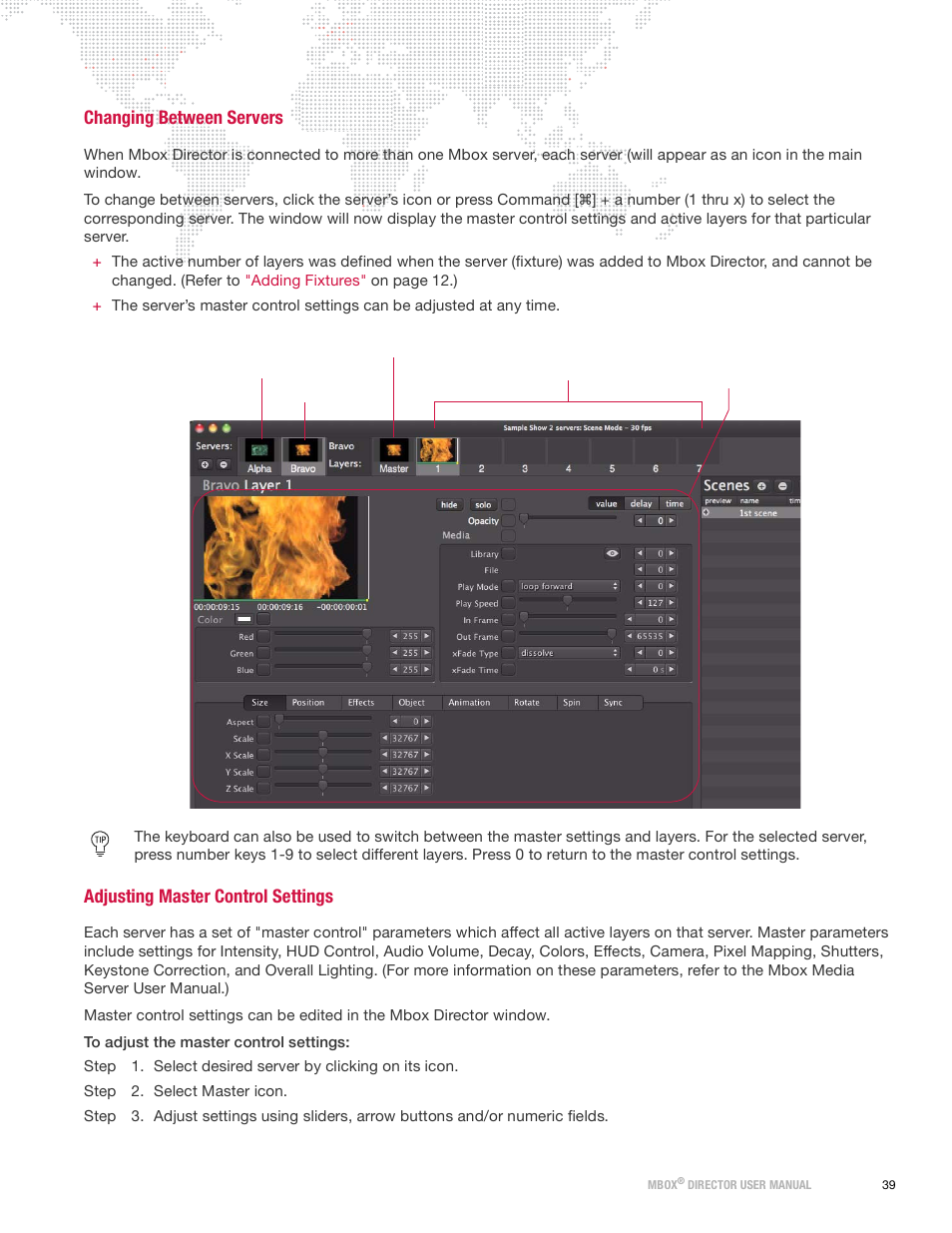Changing between servers, Adjusting master control settings | PRG Mbox Director User Manual v3.9 User Manual | Page 45 / 112