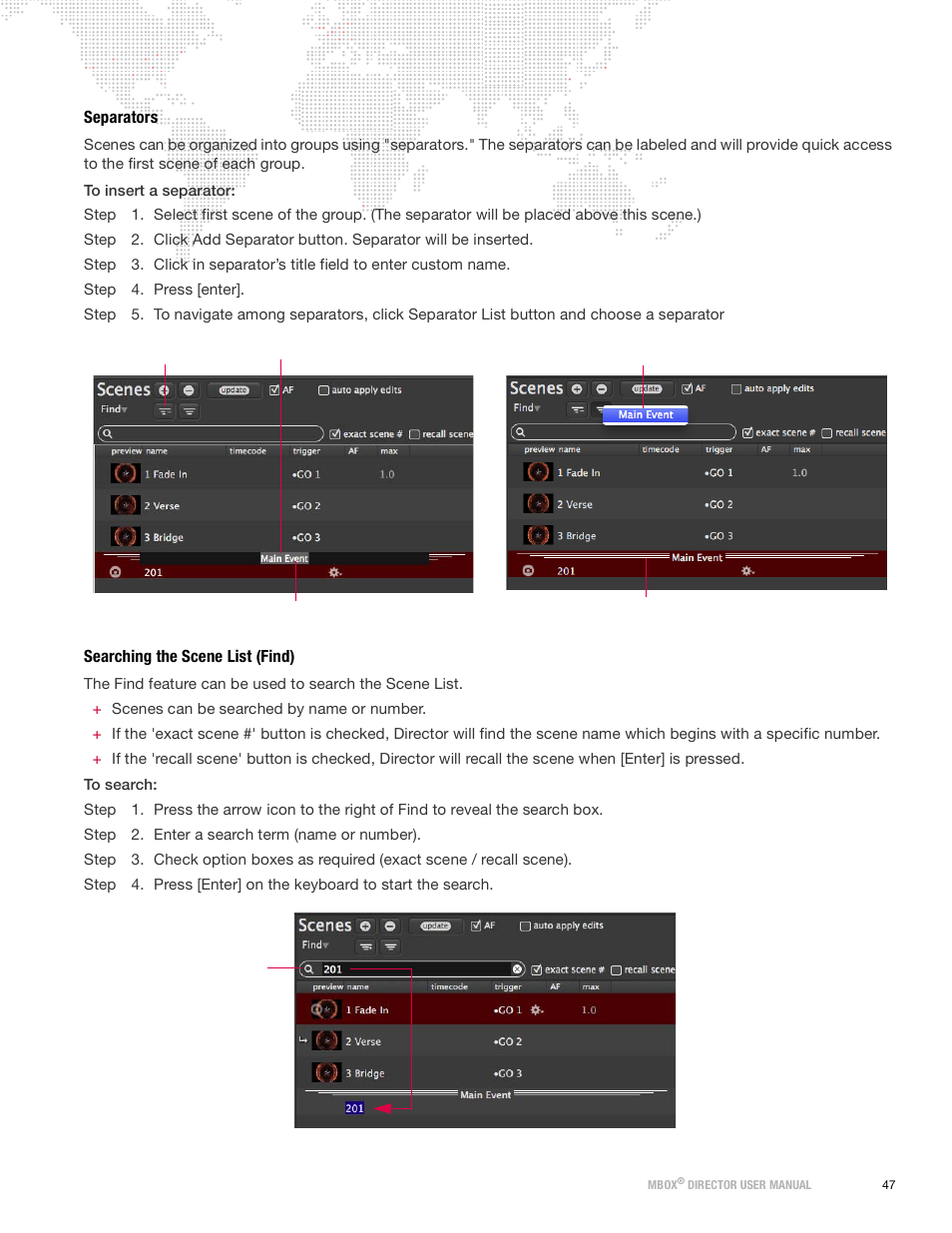 Separators, Searching the scene list (find) | PRG Mbox Director User Manual v3.9 User Manual | Page 53 / 112