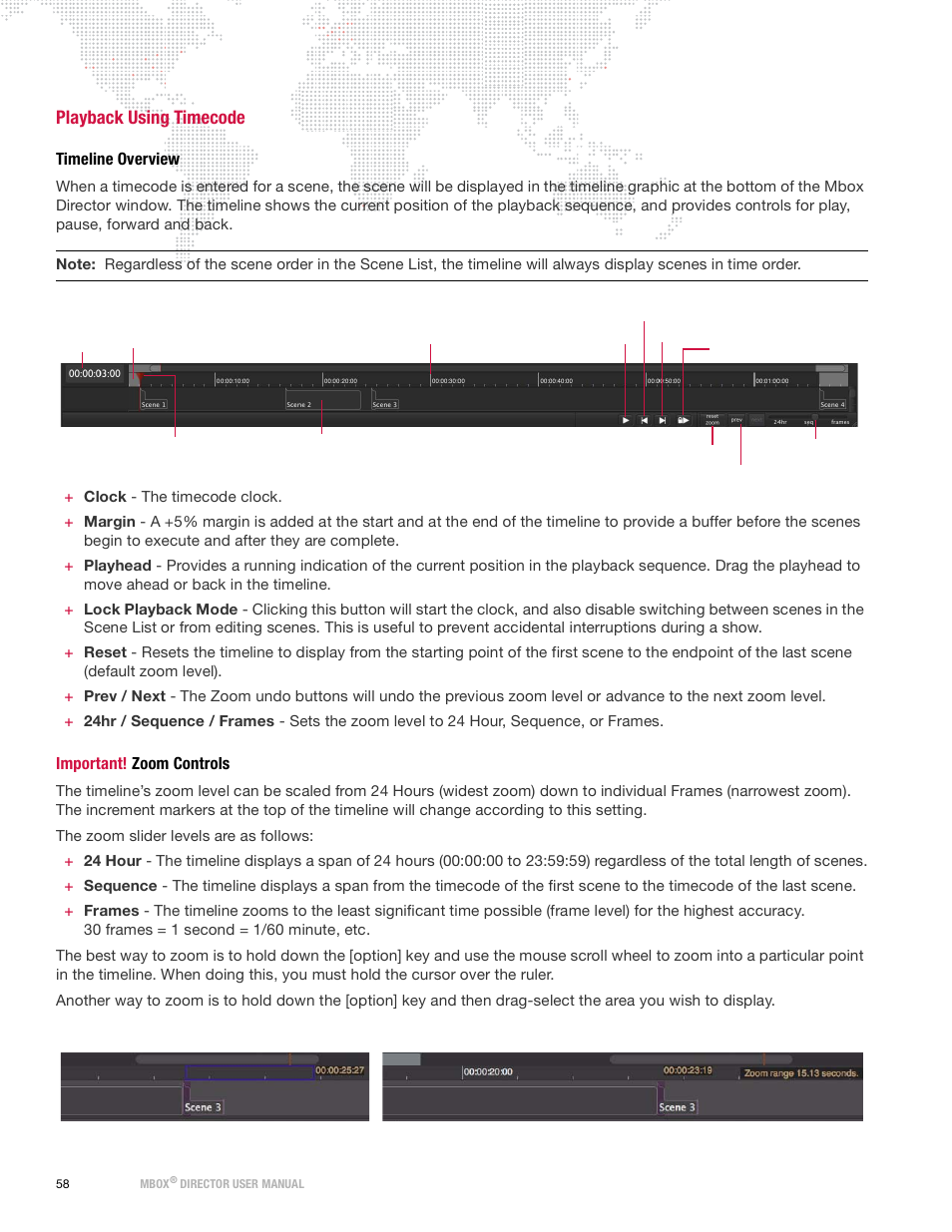 Playback using timecode, Timeline overview, Important! zoom controls | PRG Mbox Director User Manual v3.9 User Manual | Page 64 / 112