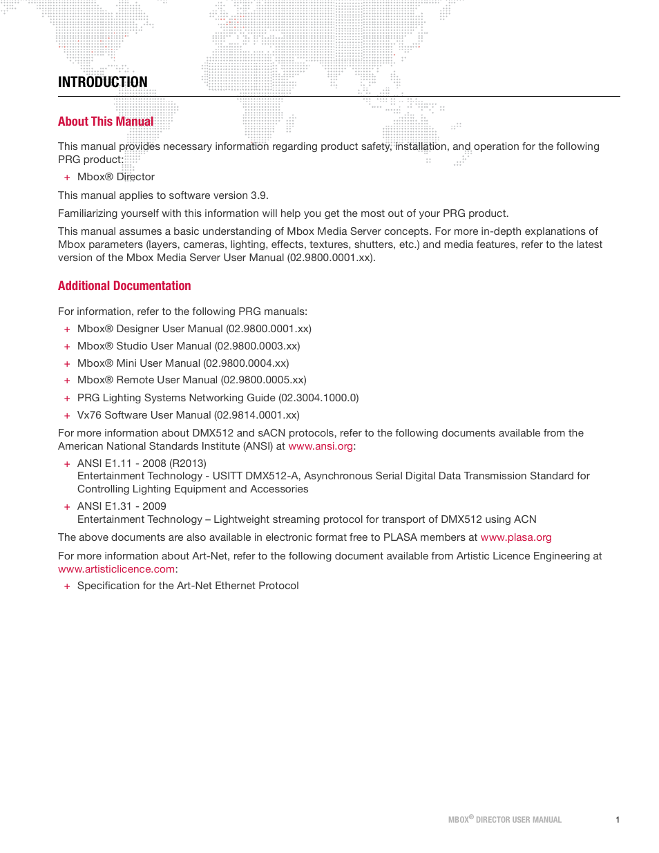 Introduction, About this manual, Additional documentation | PRG Mbox Director User Manual v3.9 User Manual | Page 7 / 112