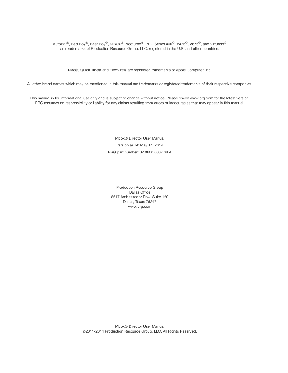 PRG Mbox Director User Manual v3.8a User Manual | Page 2 / 108