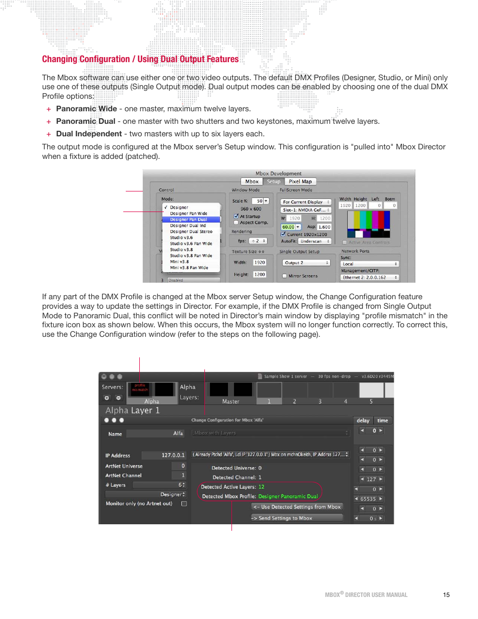 Changing configuration, Using dual output features, Changing | Configuration / using dual output features | PRG Mbox Director User Manual v3.8a User Manual | Page 21 / 108