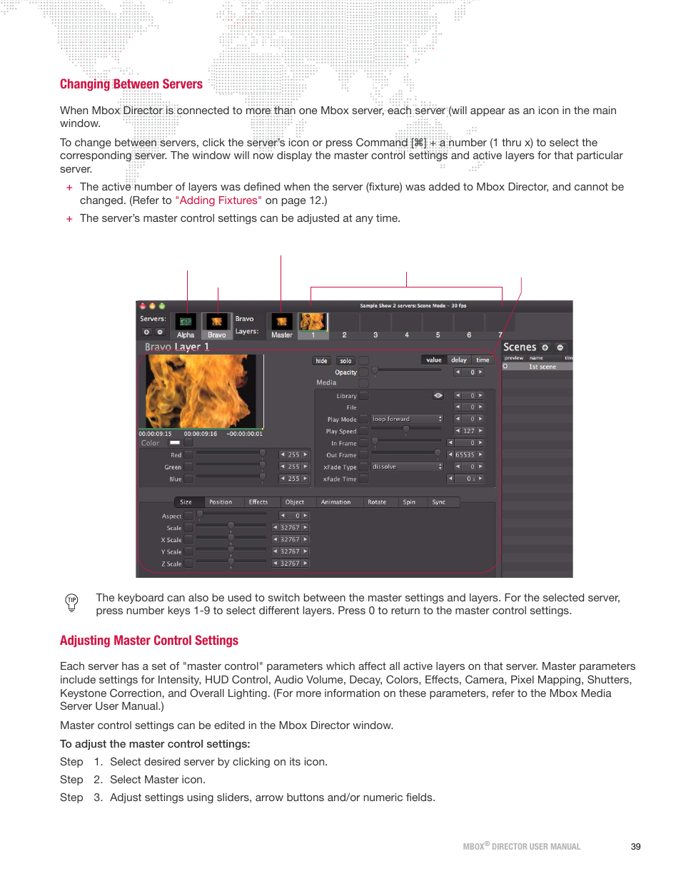 Changing between servers, Adjusting master control settings | PRG Mbox Director User Manual v3.8a User Manual | Page 45 / 108