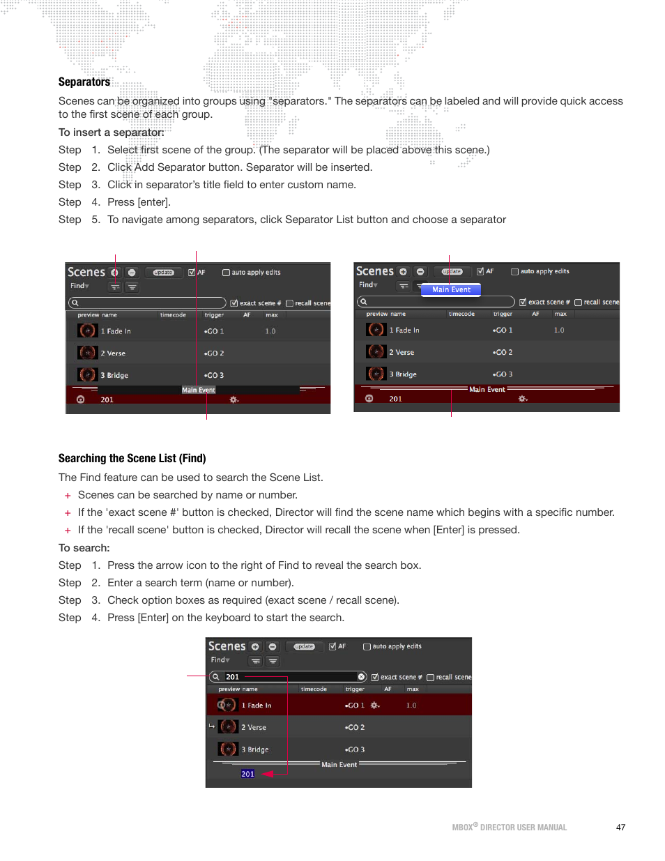 Separators, Searching the scene list (find) | PRG Mbox Director User Manual v3.8a User Manual | Page 53 / 108