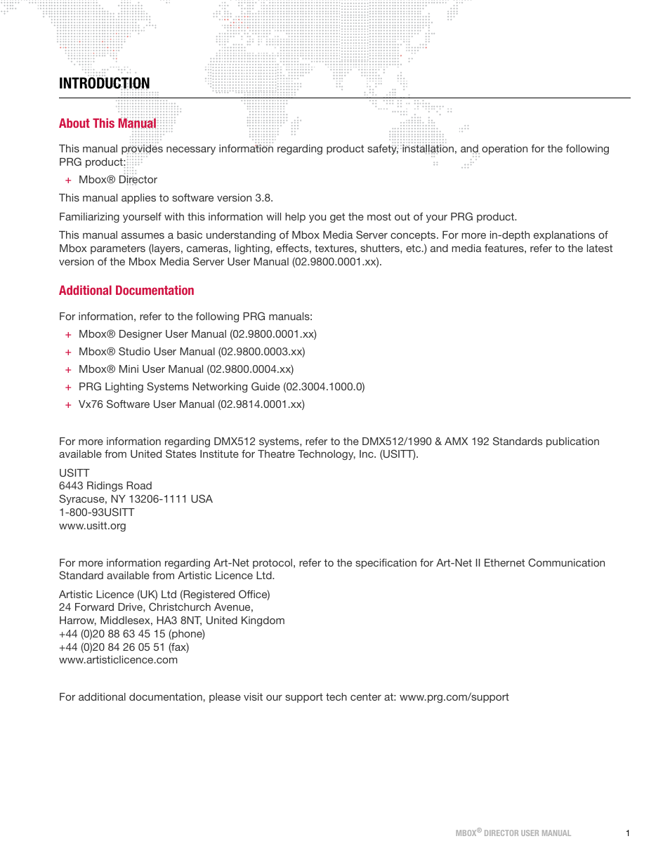 Introduction, About this manual, Additional documentation | PRG Mbox Director User Manual v3.8a User Manual | Page 7 / 108