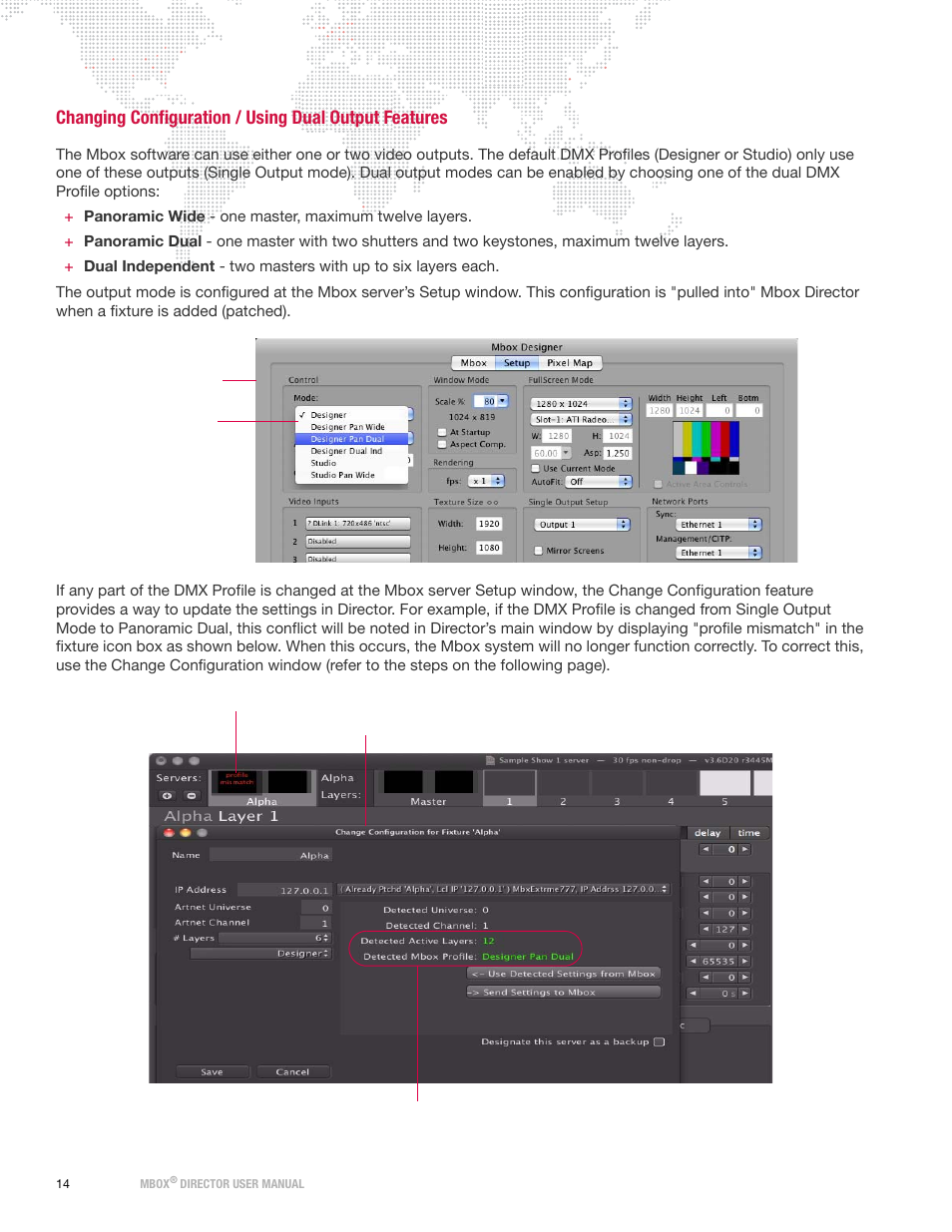 Changing configuration, Using dual output features, Changing | Configuration / using dual output features | PRG Mbox Director User Manual v3.7 User Manual | Page 20 / 80