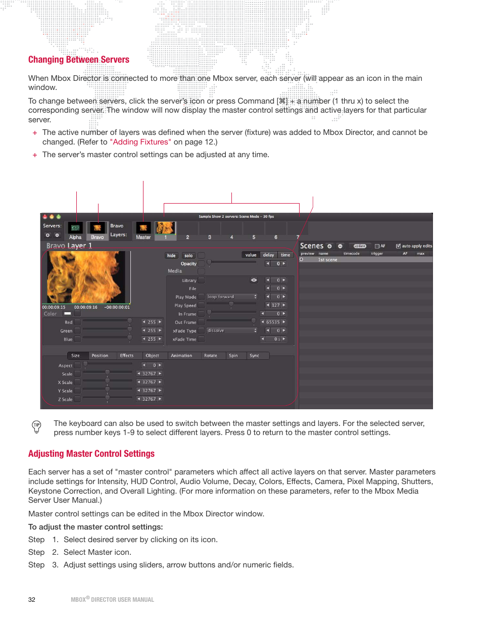 Changing between servers, Adjusting master control settings | PRG Mbox Director User Manual v3.7 User Manual | Page 38 / 80