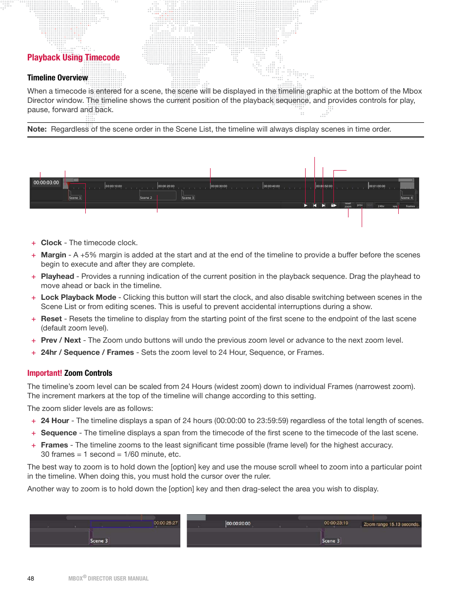 Playback using timecode, Timeline overview, Important! zoom controls | PRG Mbox Director User Manual v3.7 User Manual | Page 54 / 80